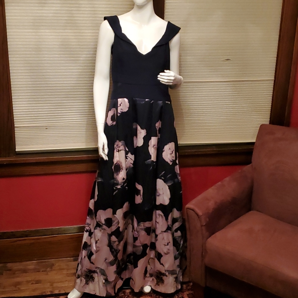 XSCAPE Womens Navy Floral Sleeveless Sheath Dress